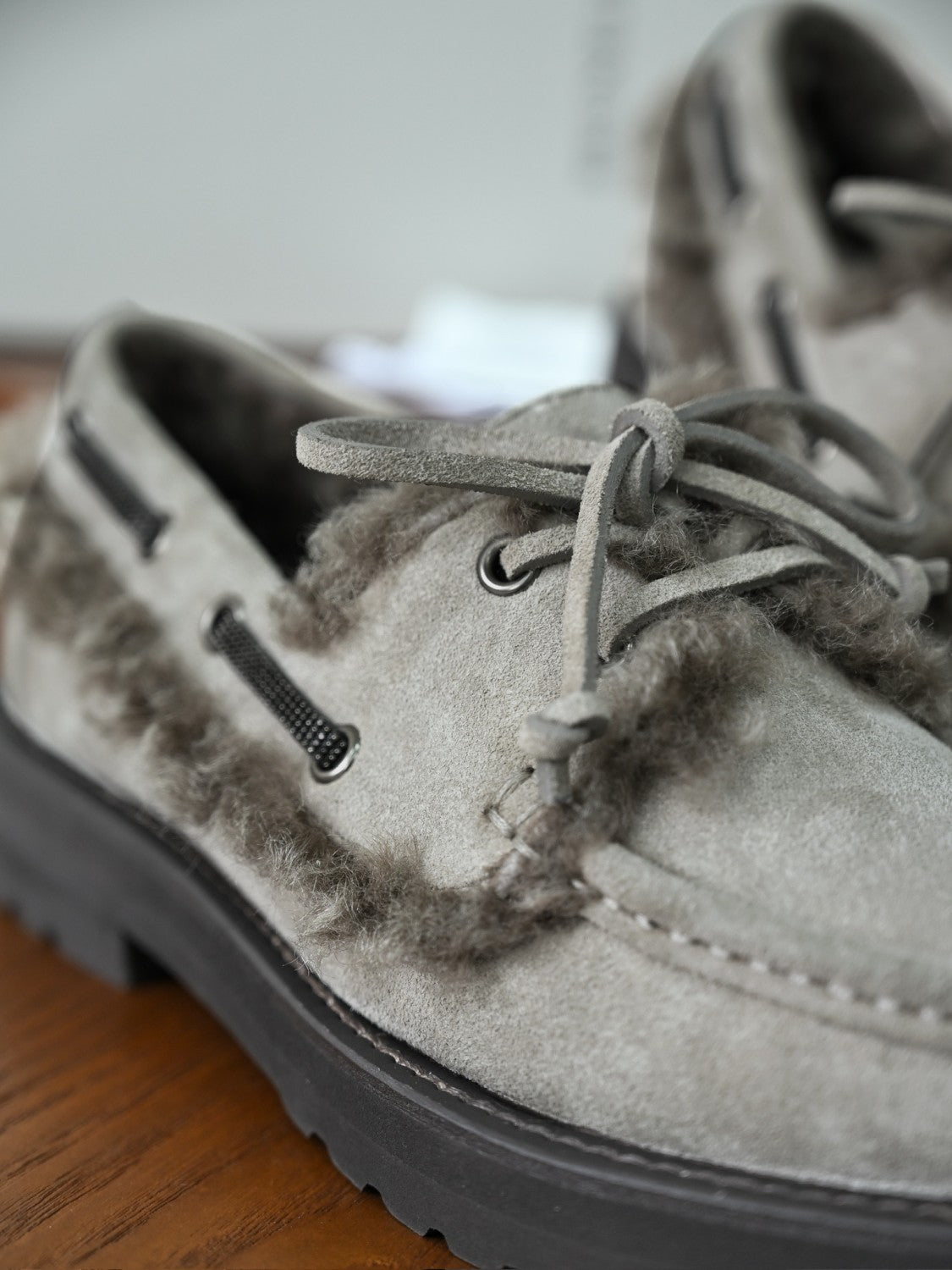 Brunello Cucinelli Bead Embellished Shearling Trimmed Suede Loafers #333658