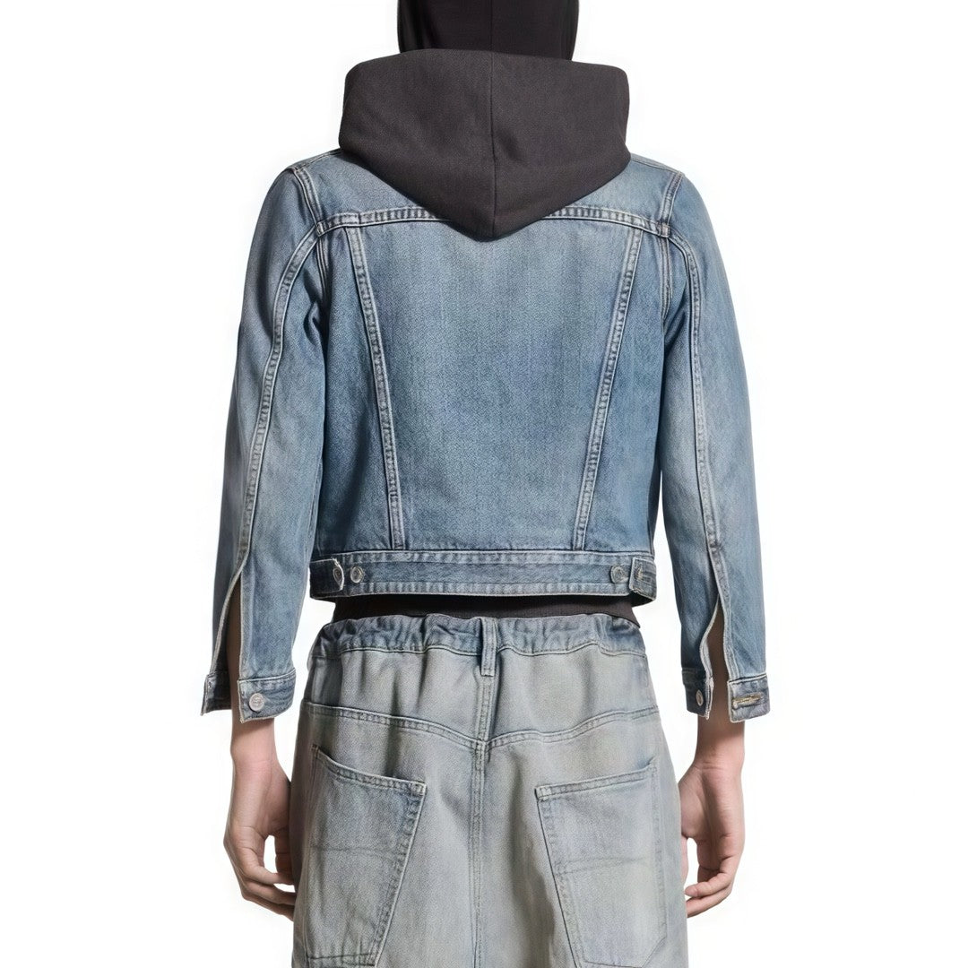 Balenciaga Men's Women's Spring and Autumn Solid Color Lapel Fit Single Breasted Long Sleeve Hooded Sweatshirt Spliced Denim Jacket Coat Ngvp #8749