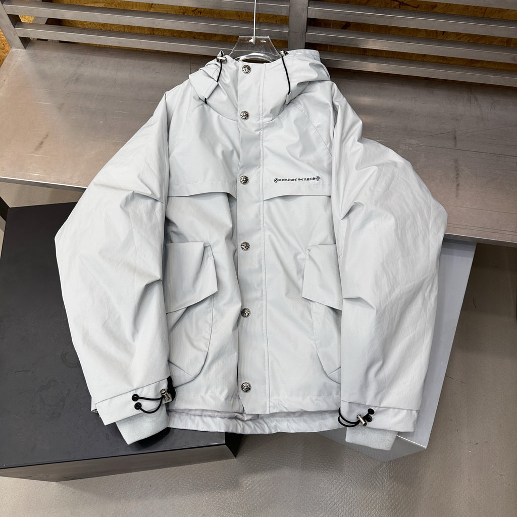 Chrome Hearts Men's And Women's Fall/winter Fashion Casual Solid Color Hooded Zipper Windproof Single Breasted Button Classic Logo Print White Goose Down Filled Jacket #79546
