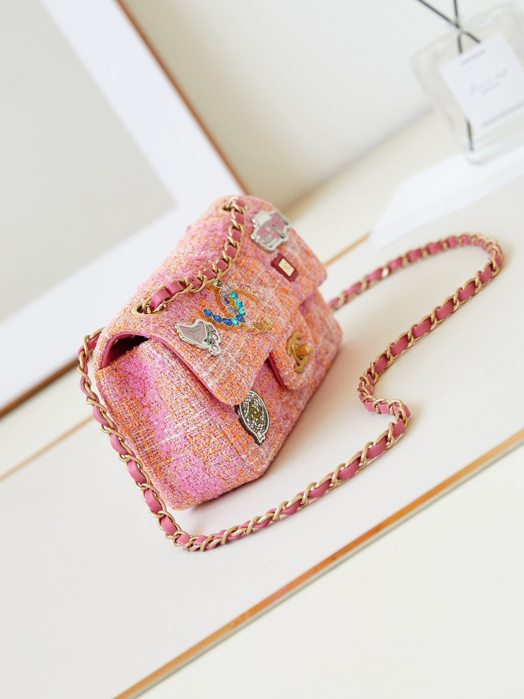 Chanel Women's Pink Chain Tartan Fabric Badge Print Single Shoulder Crossbody Bag Bags #77412