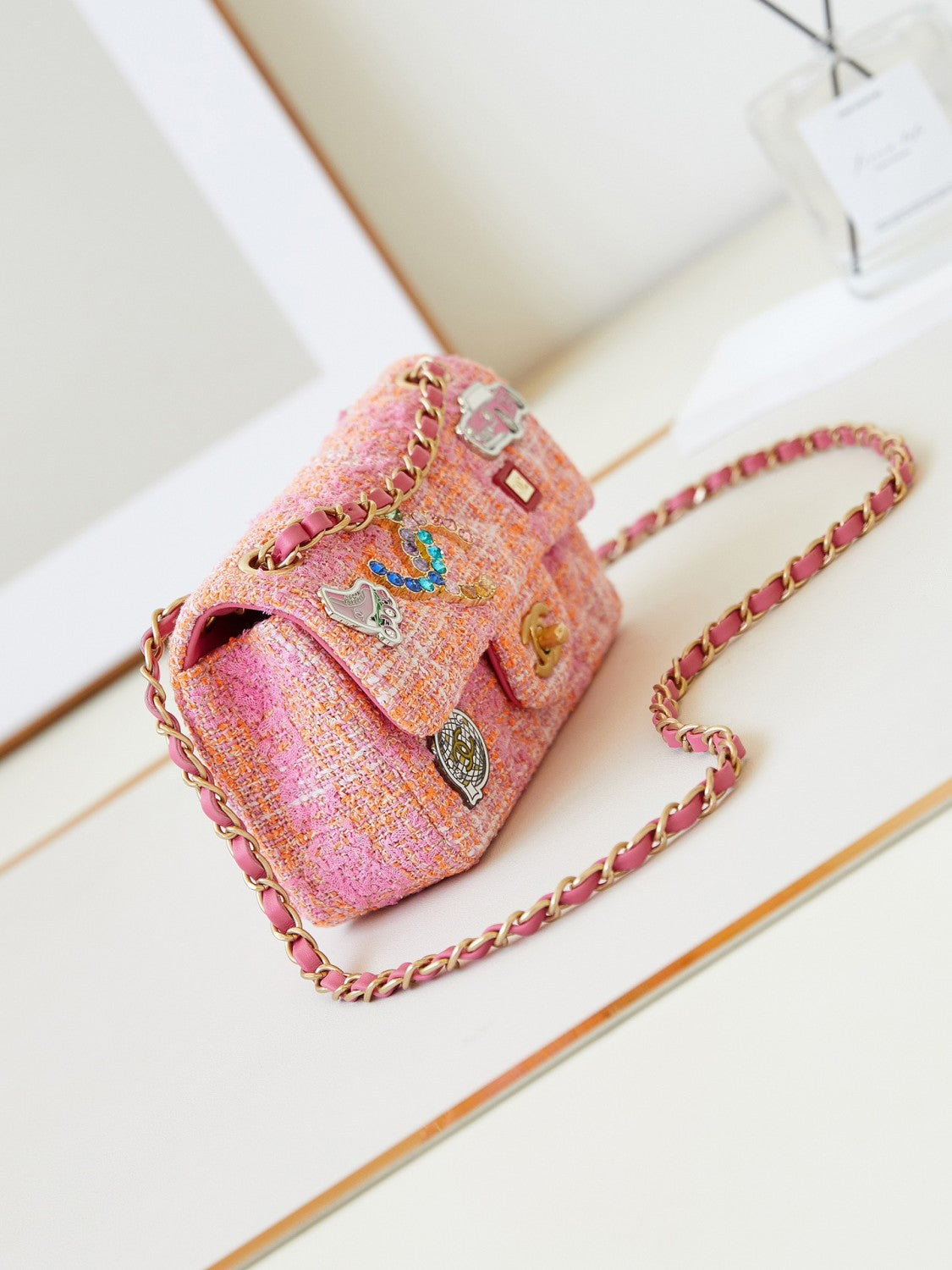 Chanel Women's Pink Chain Tartan Fabric Badge Print Single Shoulder Crossbody Bag Bags #77412