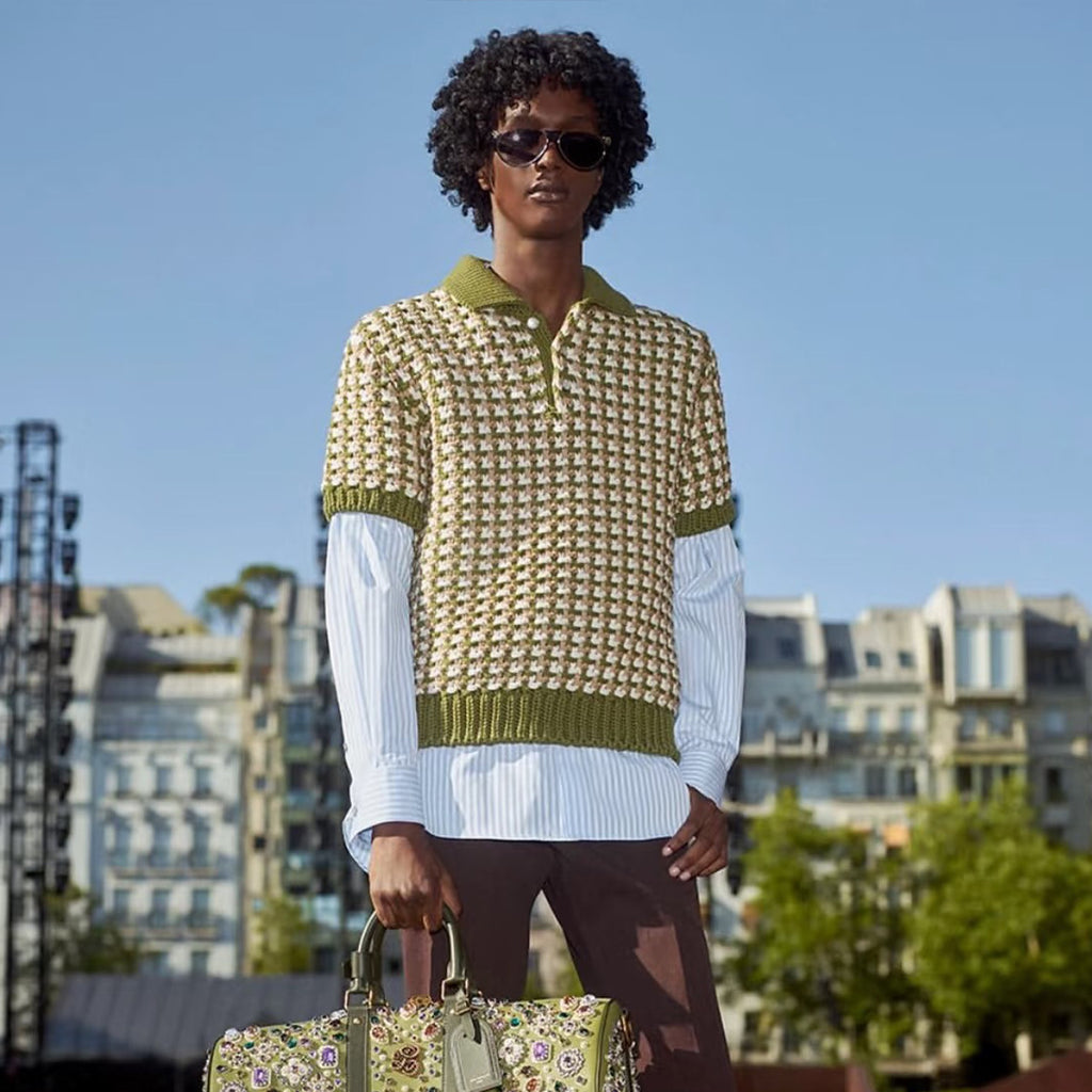 Louis Vuitton Men's Spring/Summer Color-Block Jacquard Knit Lapel Short-Sleeve Polo Shirt Ngvp #2387