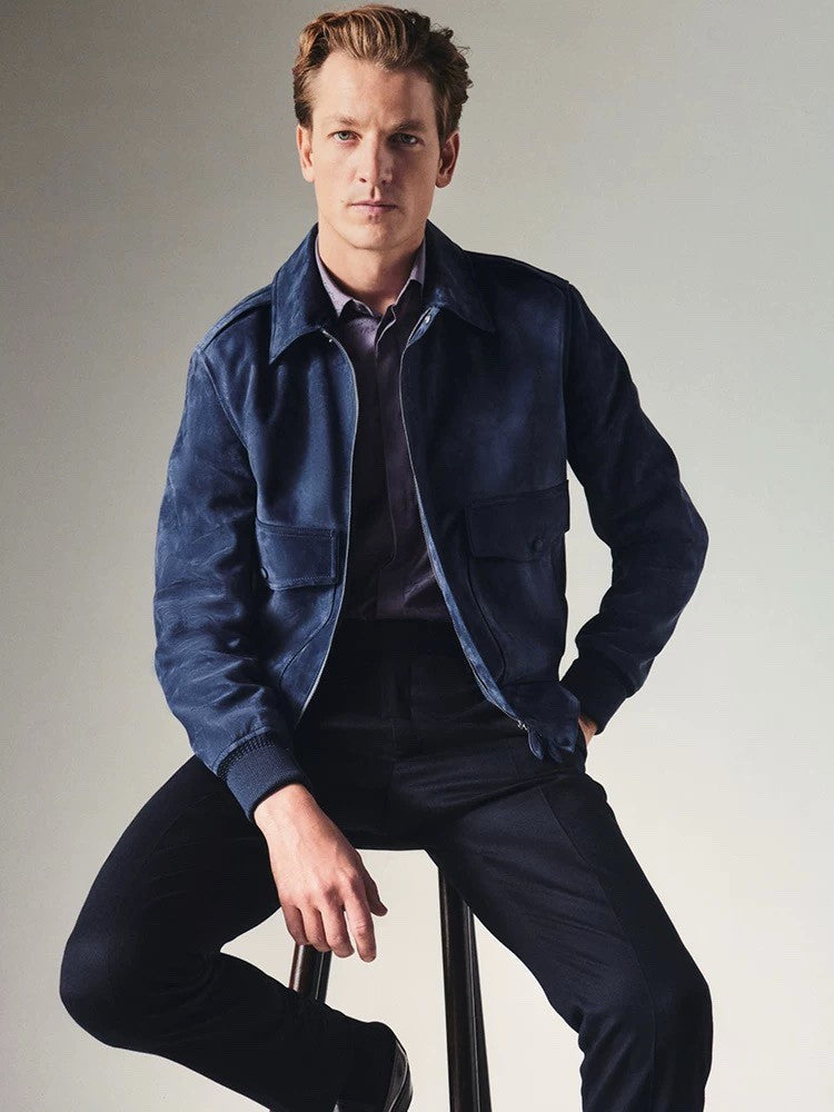 Berluti Men's Spring. Autumn And Winter Two-Way Zipper Solid Color Lapel Fit Long Sleeve Sheepskin Suede Aviator Jacket Ngvp #9449