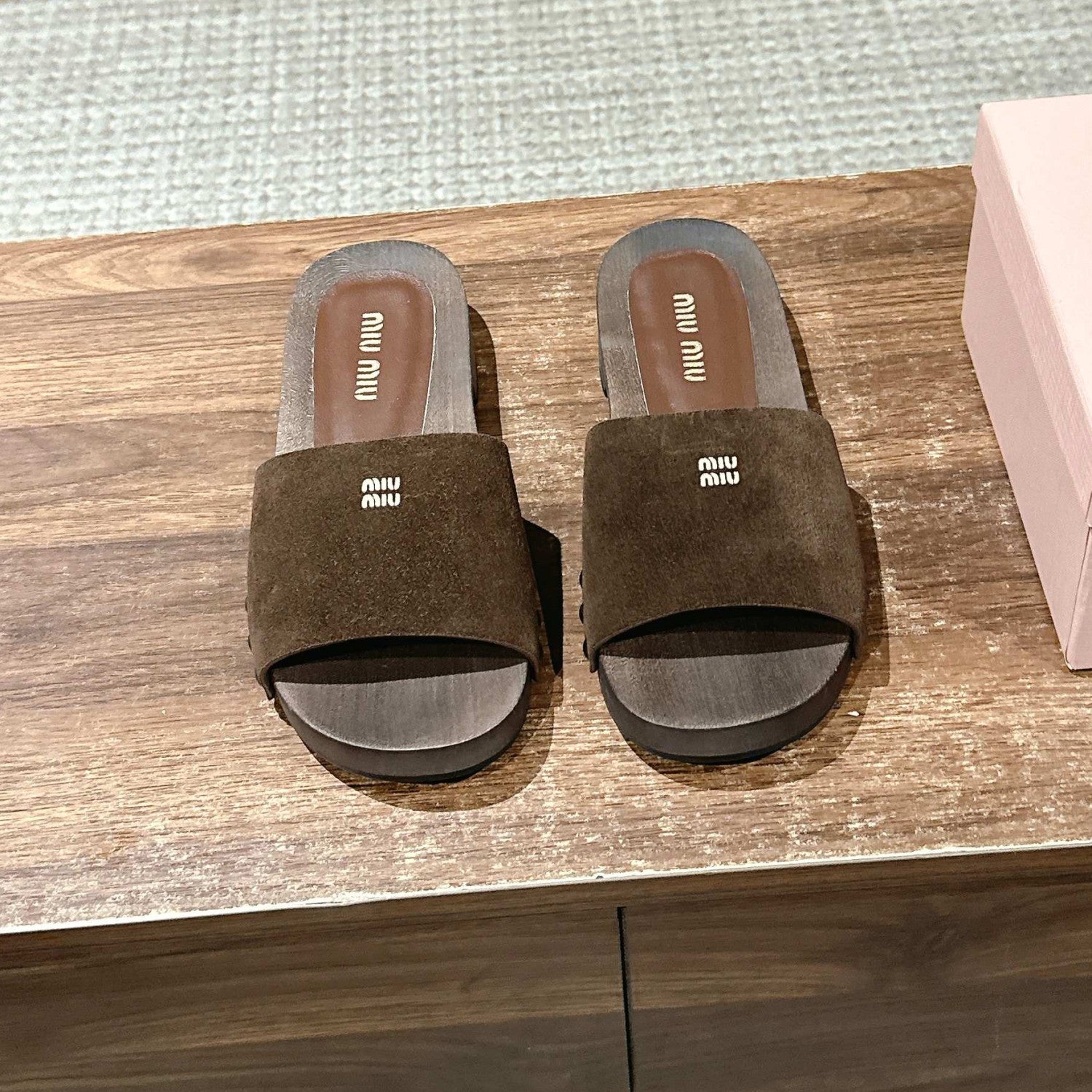 MiuMiu Women's Summer Fashion Casual Round Toe Slip On Suede Leather Wooden Sole Sandals Shoes #78432