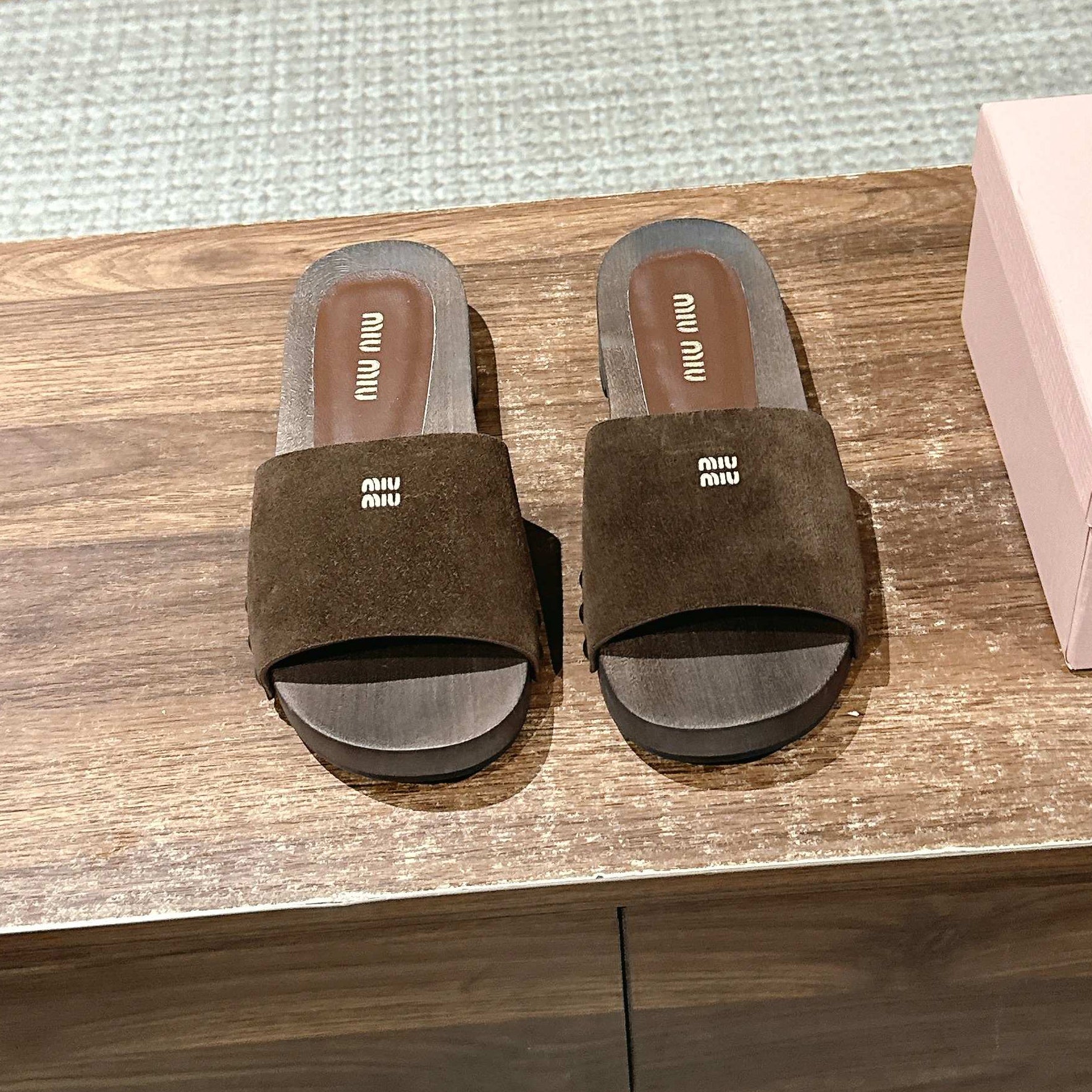 MiuMiu Women's Summer Fashion Casual Round Toe Slip On Suede Leather Wooden Sole Sandals Shoes #78432