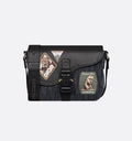 Dior Men's Male Black Grainy Leather Saddle Messenger Bag with CHRISTIAN DIOR Logo Jacquard Shoulder Strap Crossbody Bag #195094