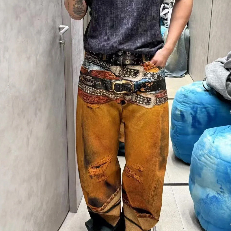 Ngvp Men's Four Seasons 3D Printed Low Rise Solid Color Loose Jeans Autonomous Label-Free Casual Pants #9923