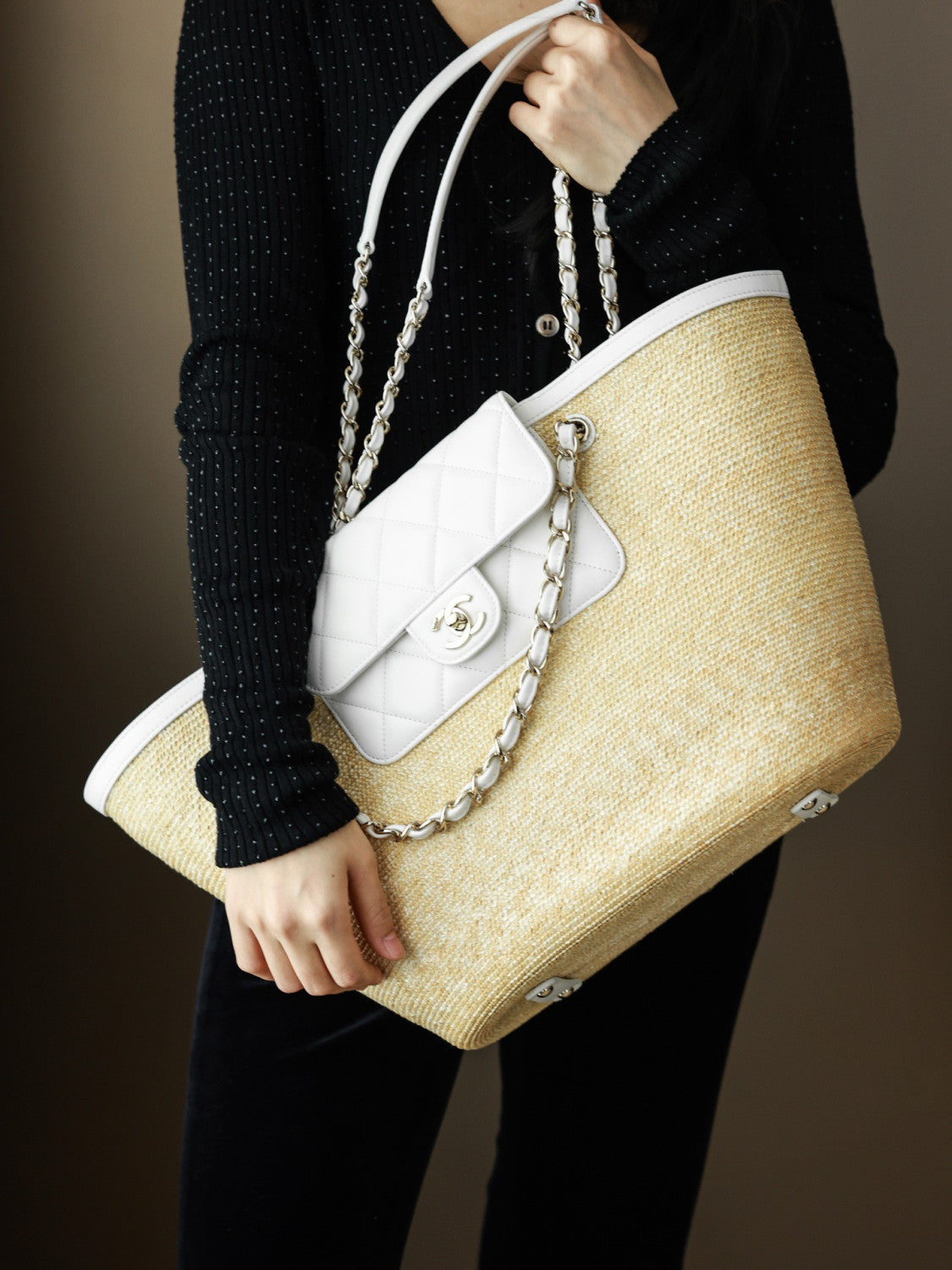 Chanel Large Shopping Bag Braided Straw Lambskin Gold-tone Metal #381455