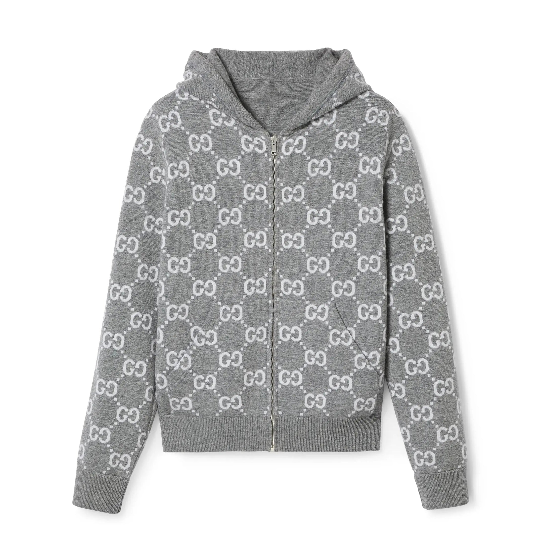 Gucci Men's Autumn and Winter Gray Full Printed Reversible Hooded Zipper Long Sleeve Jacket #74292