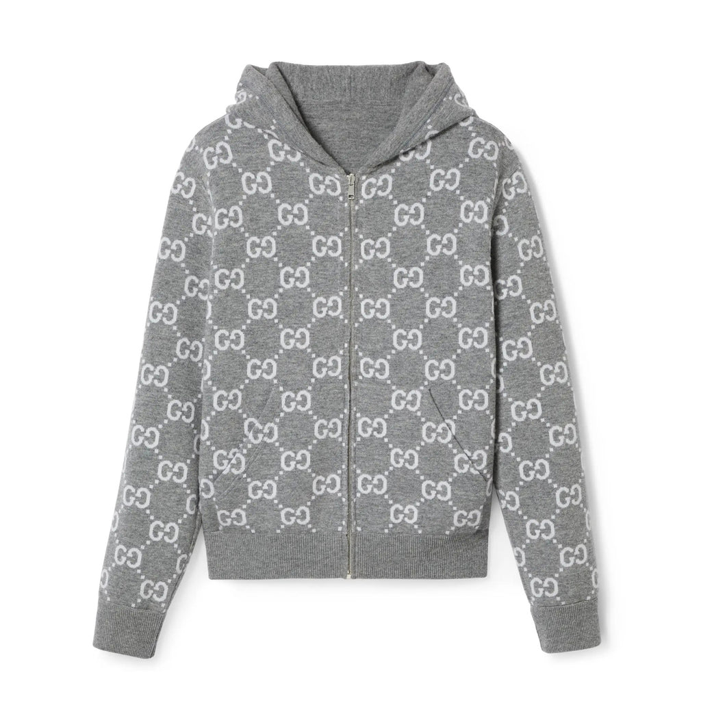 Gucci Men's Autumn and Winter Gray Full Printed Reversible Hooded Zipper Long Sleeve Jacket #74292