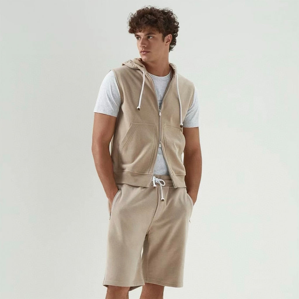 Brunello Cucinelli Men's Spring And Autumn Solid Color Zipper Drawstring Cotton Hooded Vest Casual Tie Shorts Ngvp #9218