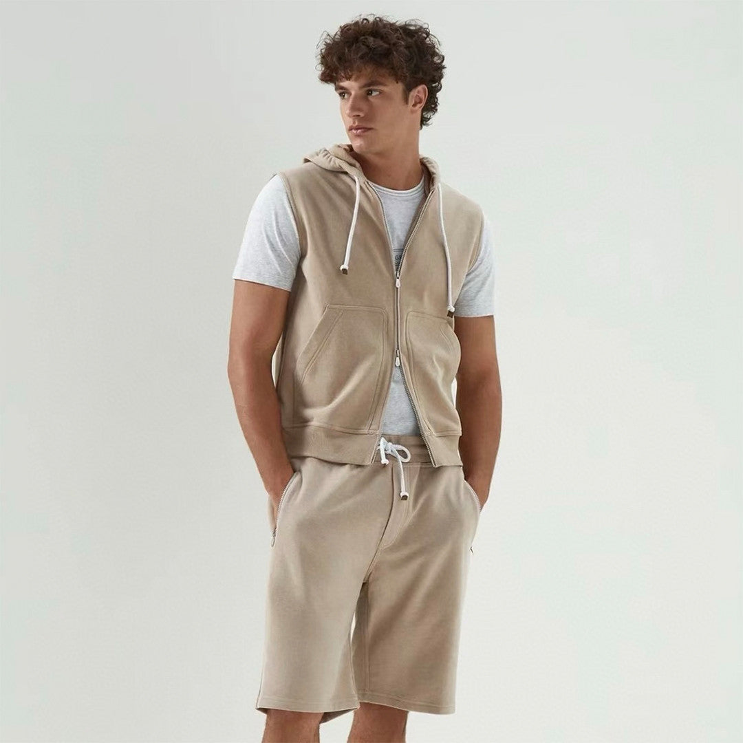 Brunello Cucinelli Men's Spring And Autumn Solid Color Zipper Drawstring Cotton Hooded Vest Casual Tie Shorts Ngvp #9218