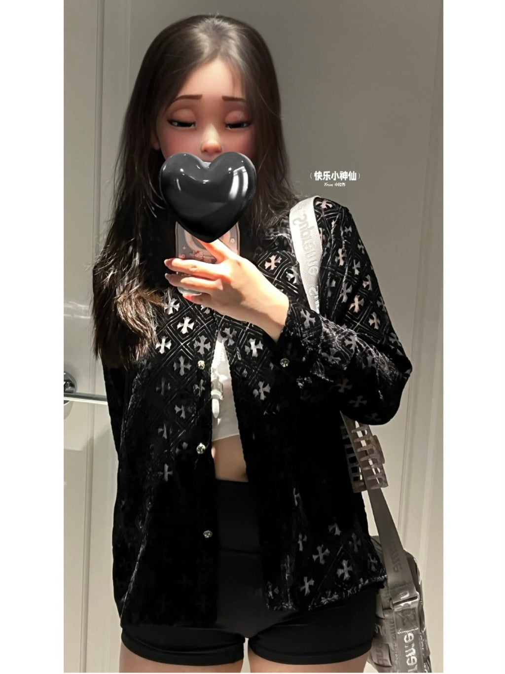 Chrome Hearts Women's Summer Fashion Hollow Cross Black Velvet Single Breasted Long Sleeved Shirt #99825