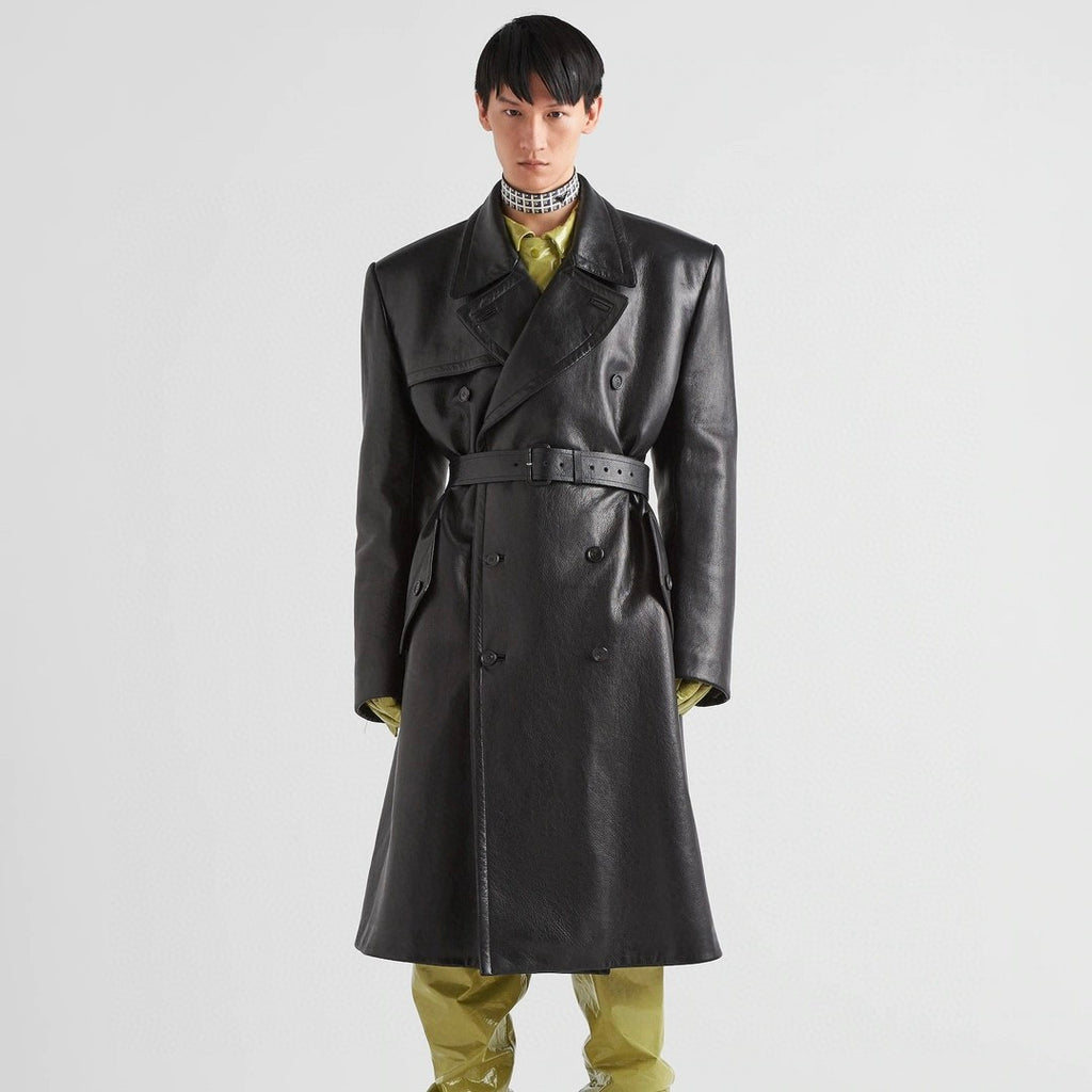Prada Men's Fall And Winter Fashion Double-Breasted Strap Waist Long Casual Black Long-Sleeved Cowhide Trench Coat Jacket #9297