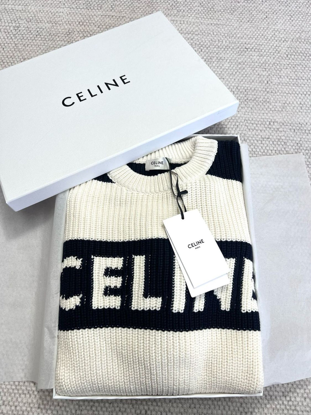Celine Men's Colorblock Striped Logo Letter Knitted Loose Long-sleeved Sweater #334964