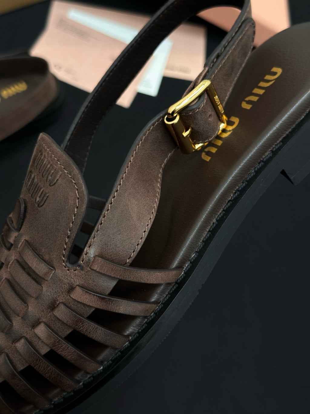 MiuMiu Coffee Leather Slingback Loafers #386850