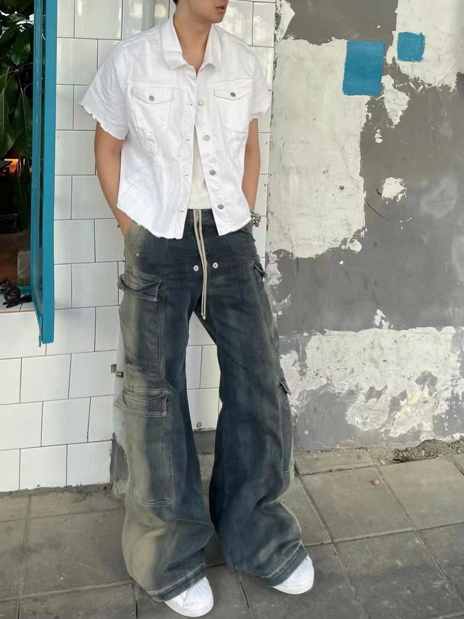 Rick Owens Men's Four Seasons High Street Wide Leg Loose Washed Casual Gradient Color Straight Pants Jeans Ngvp #1822