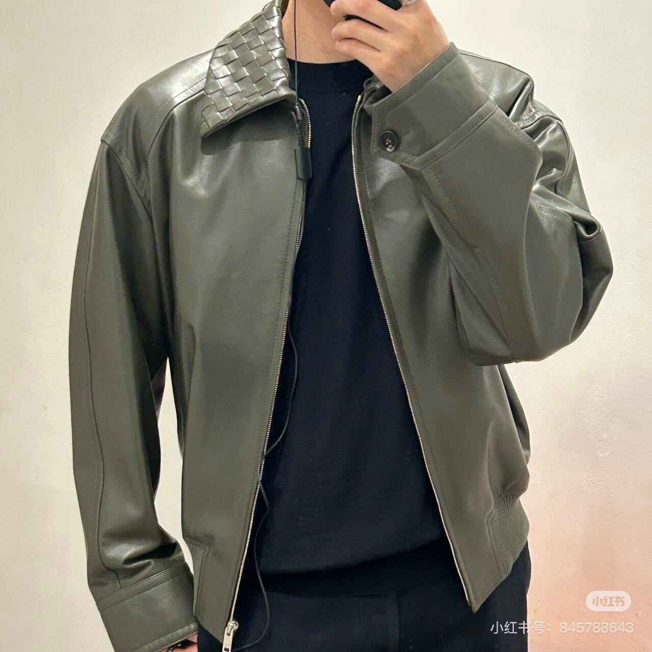 Bottega Veneta Men's Spring And Autumn Woven Lapel Zipper Solid Color Leather Long Sleeve Jacket Ngvp #1412