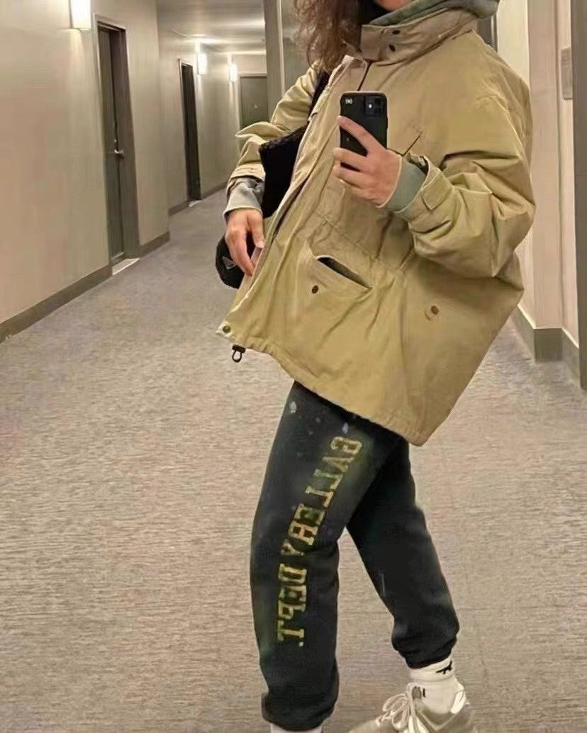 Gallery Dept. Men's Spring And Autumn Graffiti Letters Printing Solid Color Do Old Hooded Sweatshirt Casual Ink Splash Elastic Waist Drawstring Pants Ngvp #9291