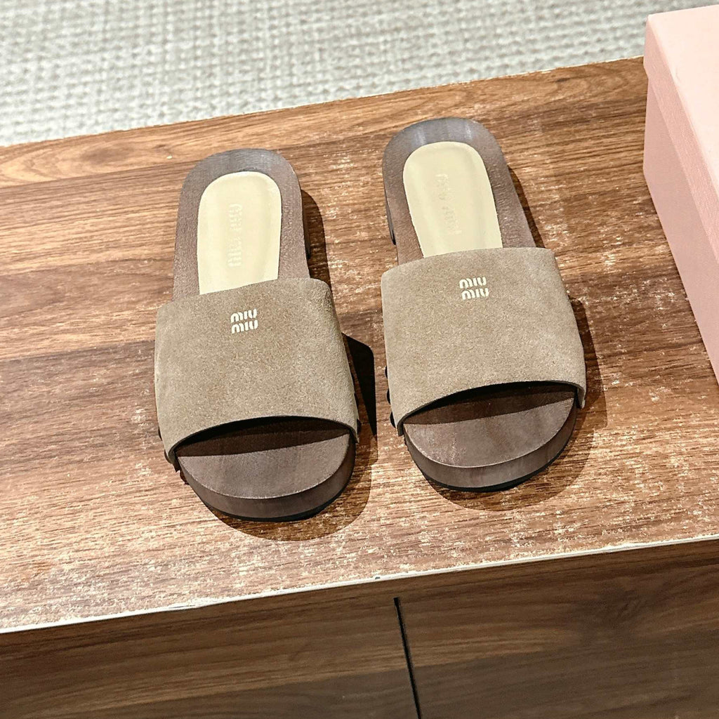 MiuMiu Women's Summer Fashion Casual Round Toe Slip On Suede Leather Wooden Sole Sandals Shoes #78432