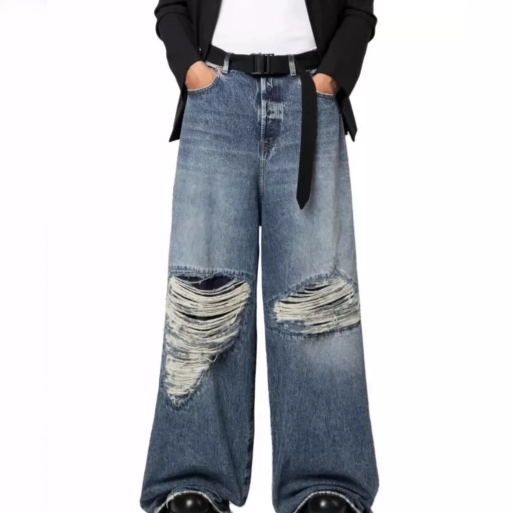 Vetements Men's Four Seasons Hole Blue Vintage Old Jeans Loose Straight Casual Wide Leg Pants Ngvp #9123
