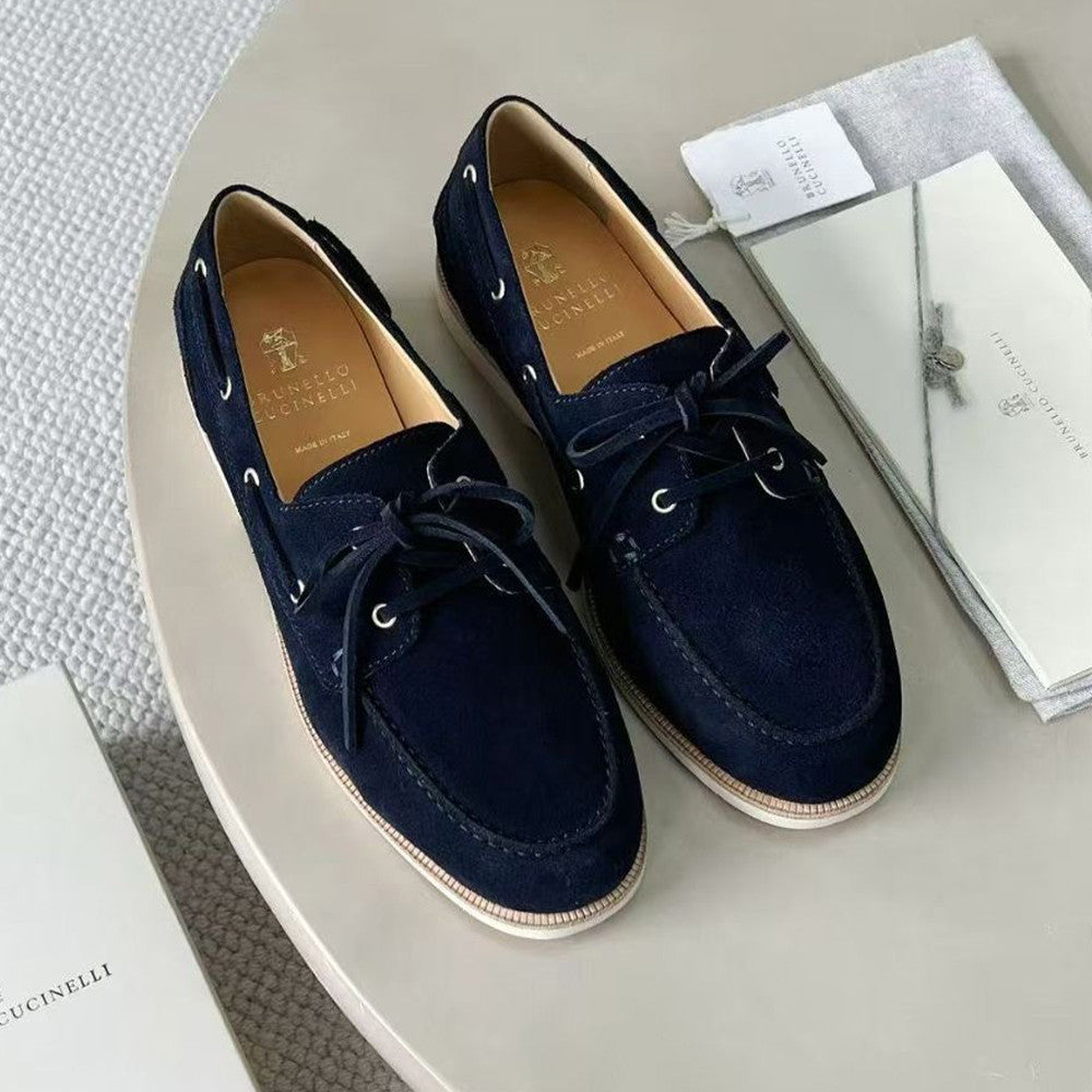 Brunello Cucinelli Men's Washed Suede Boat Shoes. Four-Season Solid Color Round Toe Lace-Up Low-Top Casual Shoes Ngvp #2125