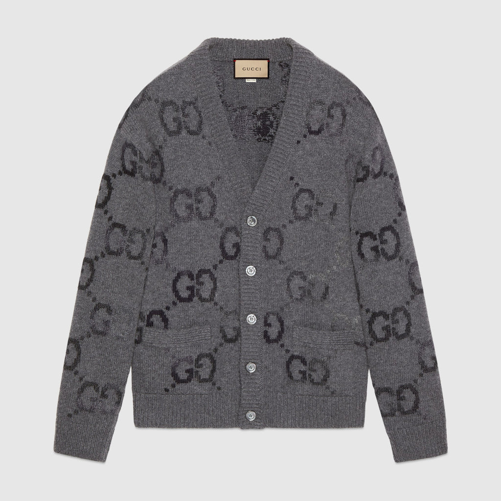 Gucci Men's Spring and Autumn Grey Pattern Appliquéd Single Breasted V-neck long Sleeved Knit Wool Cardigan With GG Intarsia #97794