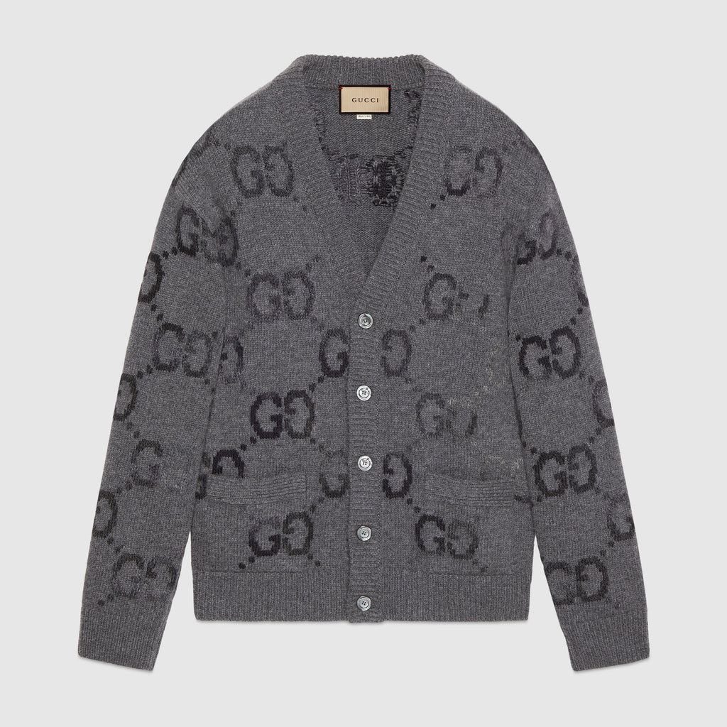 Gucci Men's Spring and Autumn Grey Pattern Appliquéd Single Breasted V-neck long Sleeved Knit Wool Cardigan With GG Intarsia #97794