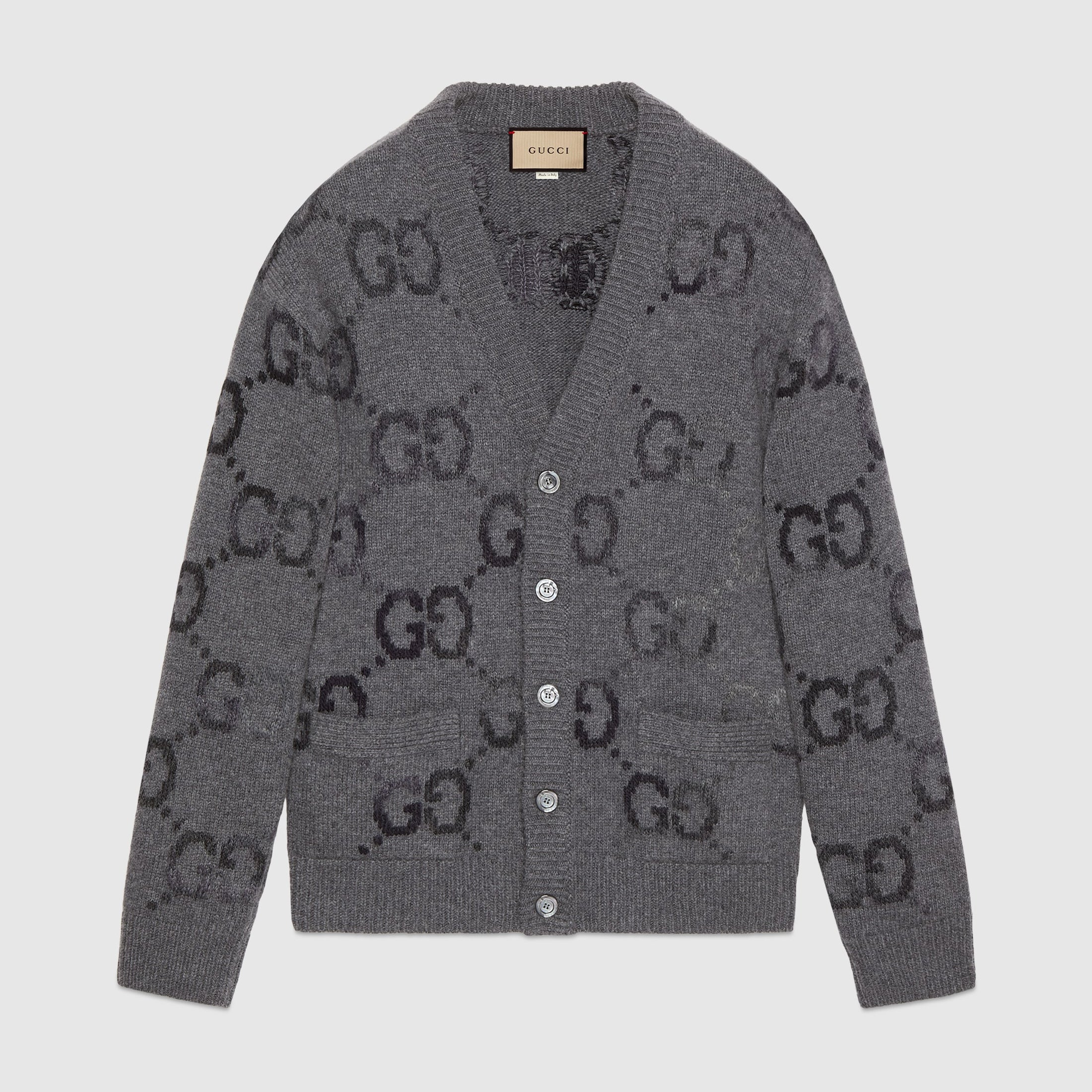 Gucci Men's Spring and Autumn Grey Pattern Appliquéd Single Breasted V-neck long Sleeved Knit Wool Cardigan With GG Intarsia #97794