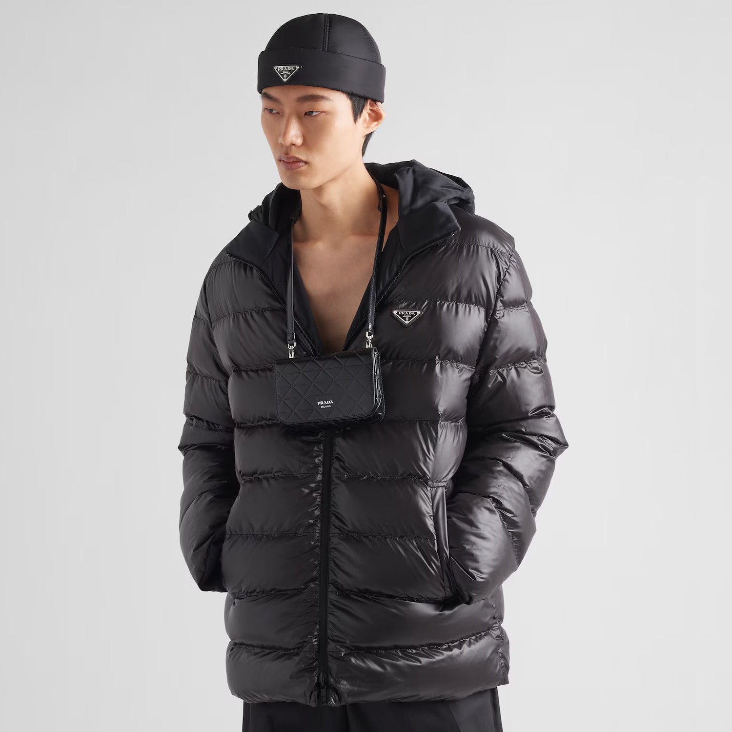 Prada Men's Fall And Winter Black Nylon Reversible Zipper PufferDown Long Sleeve Jacket #73712