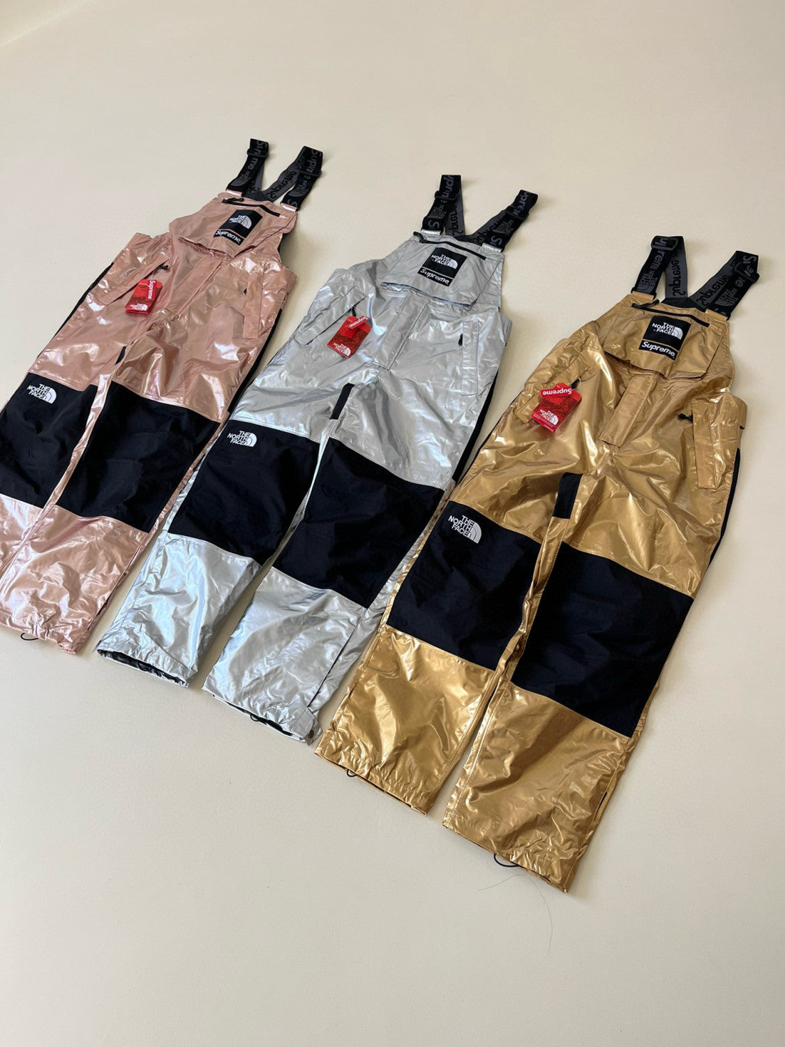 Supreme X The North Face Men's Winter Nylon Metallic Single Breasted Zip Hooded Jacket Bib Pants Overall Set Suit #97741