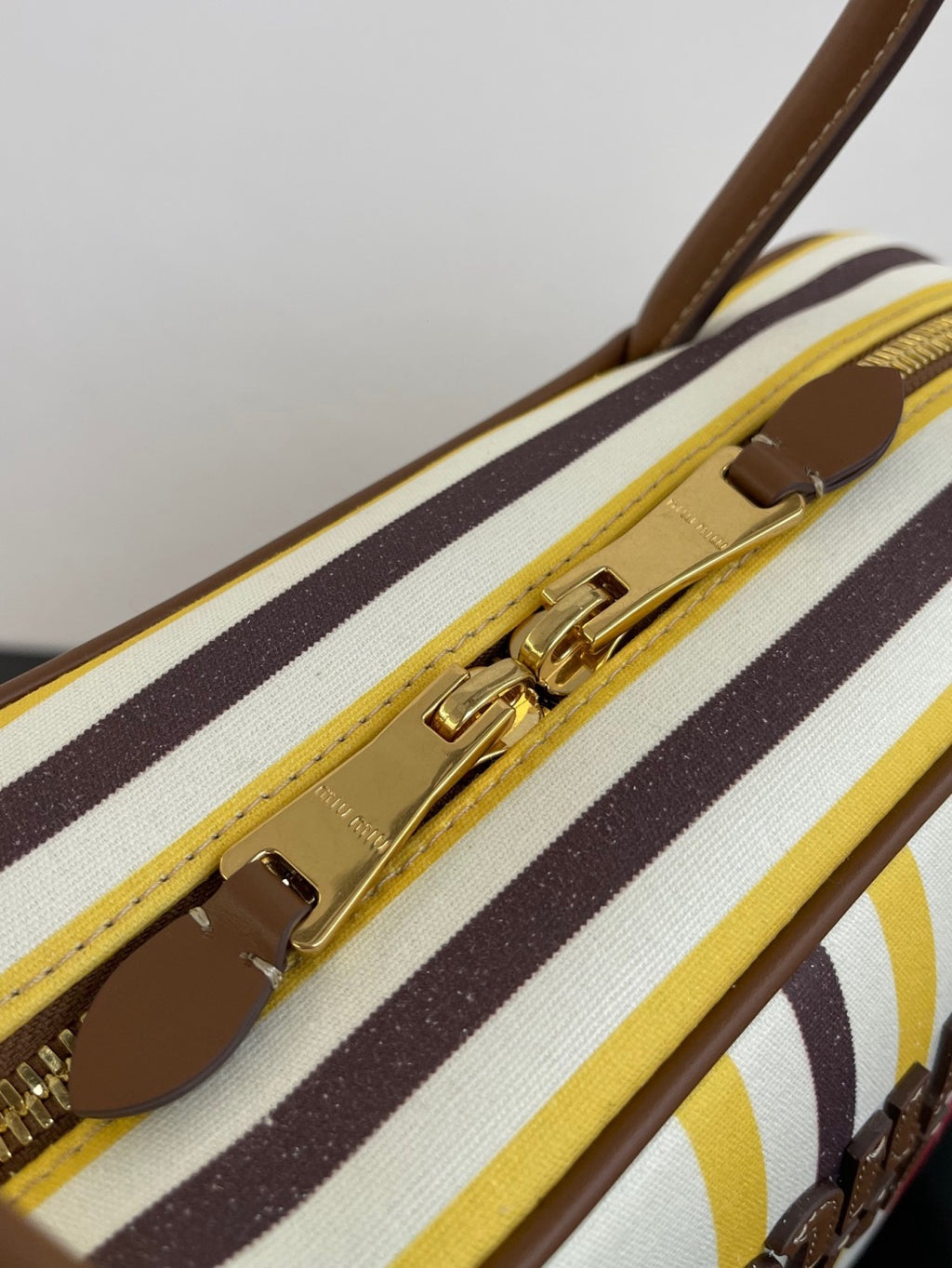 MiuMiu Beau Women's Embroidered Logo Print Striped Canvas And Calfskin Handbag Shoulder Bag Bags #77933