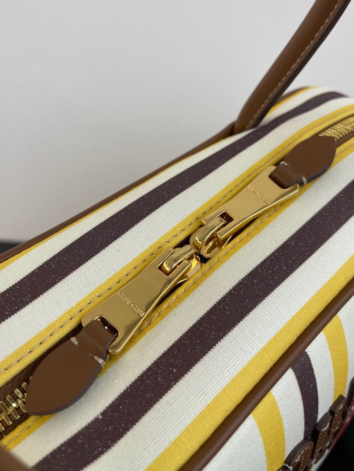 MiuMiu Beau Women's Embroidered Logo Print Striped Canvas And Calfskin Handbag Shoulder Bag Bags #77933