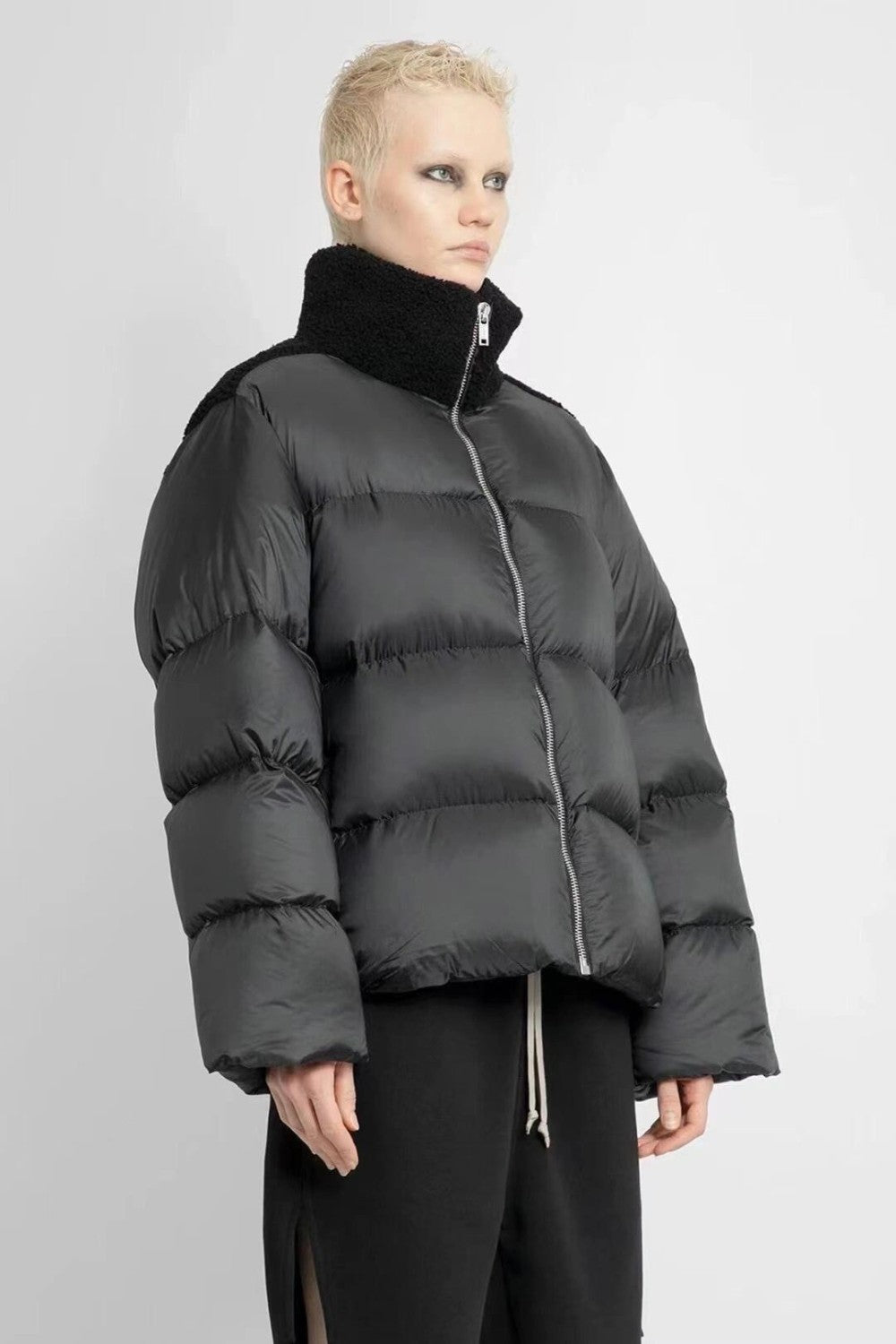 Moncler x Rick Owens Men's And Women's Winter Black Glossy Fur Collar Zipper Long Sleeve Puffer Down Jacket #72459