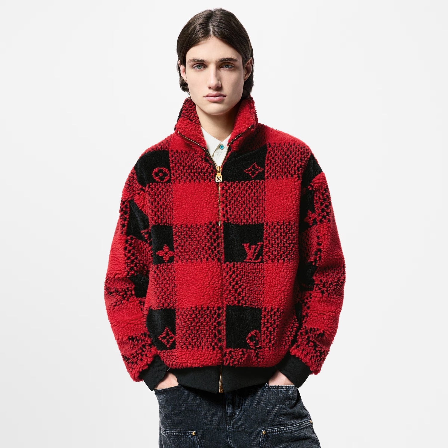 Louis Vuitton Men's Fall And Winter Plaid Lapel Zipper Fitted Damier Suede Drawstring Long Sleeve Waist Jacket #71538