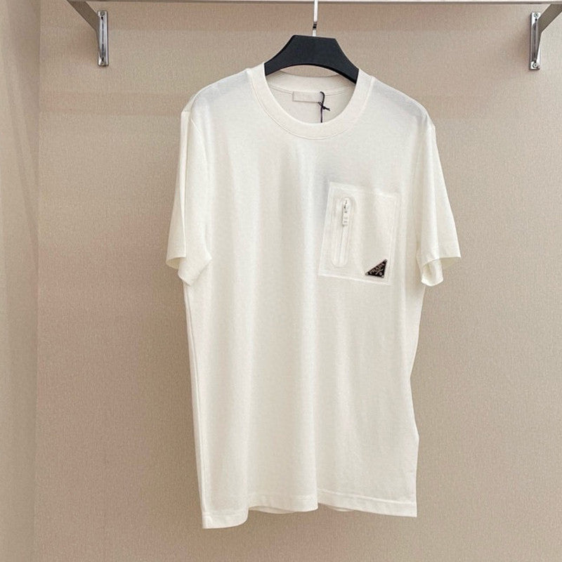 Prada Men's And Women's Summer Solid Color Zipper Pocket Round Neck Cotton Short Sleeve T-shirt #72155