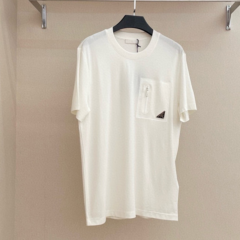 Prada Men's And Women's Summer Solid Color Zipper Pocket Round Neck Cotton Short Sleeve T-shirt #72155