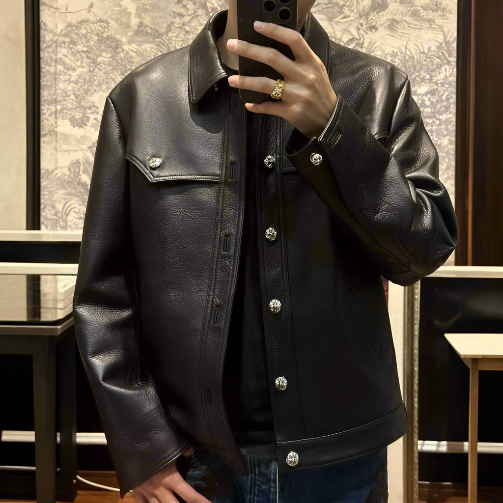 Chrome Hearts Men's Autumn and Winter Solid Color Cow Leather Single Breasted Long Sleeve Jacket #73972