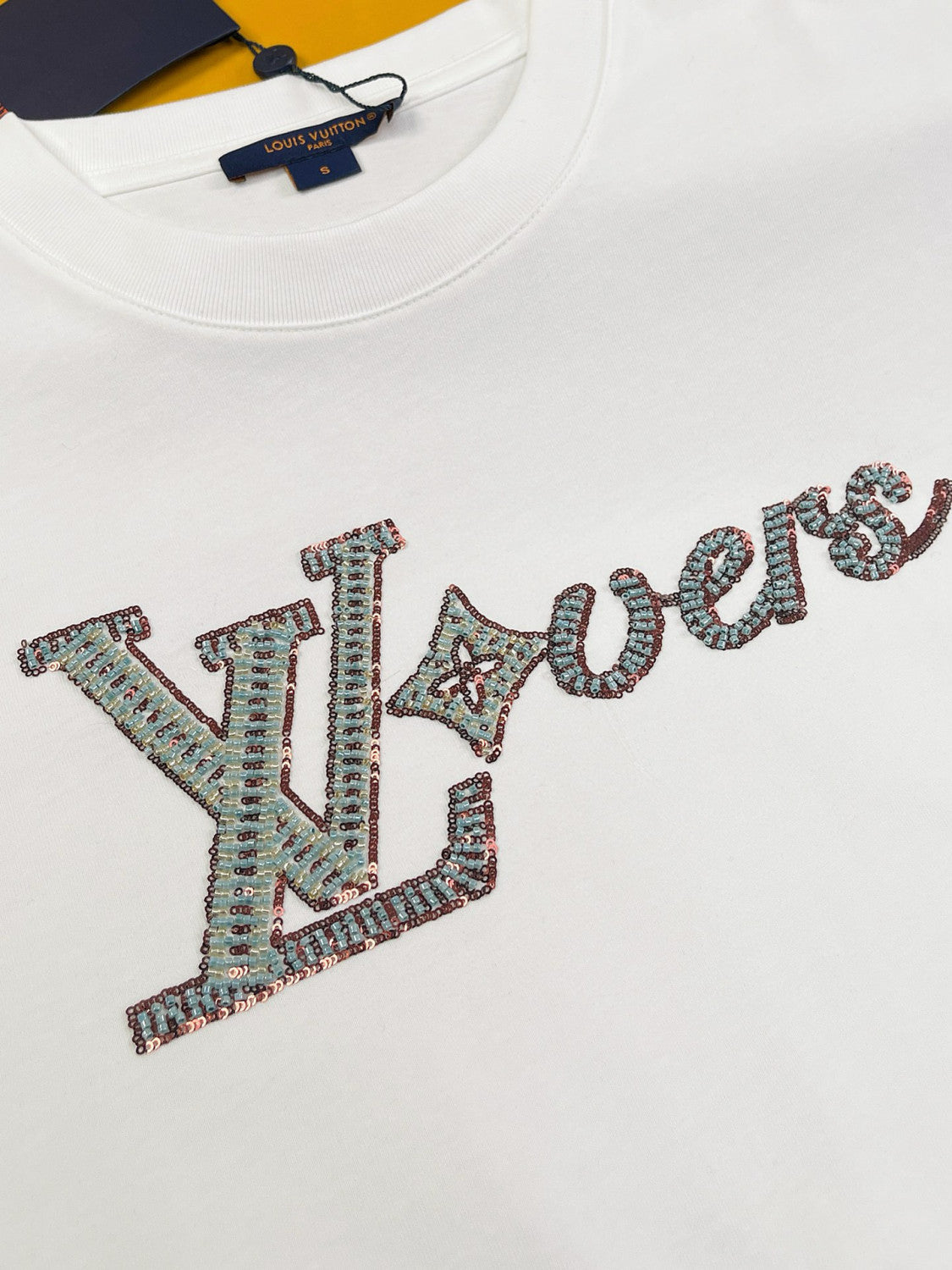 Louis Vuitton Men's Summer Logo Beaded Embroidery White Cotton Round Neck Short Sleeve T-Shirt #98378