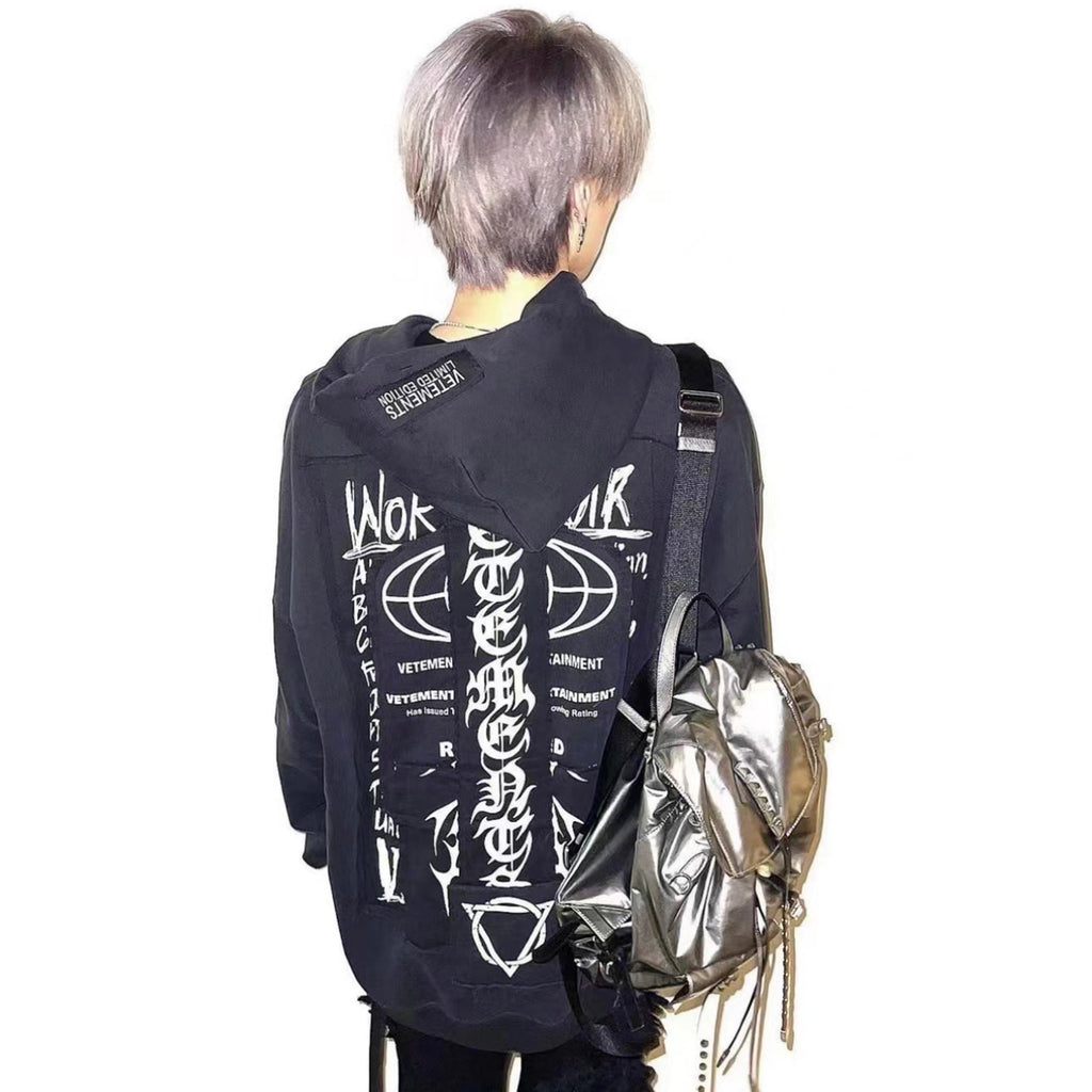 Vetements Men's Fashion Letter Graffiti Pentagram Embroidery Loose Black Zipper Long Sleeve Hoodie Ngvp #7796