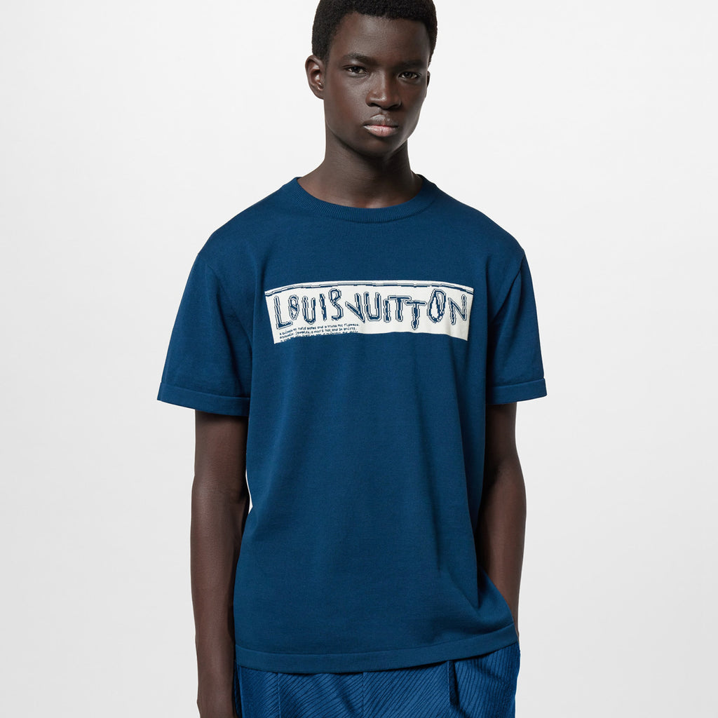 Louis Vuitton Men's Summer Blue Letter Printed Straight Round Neck Cotton Short Sleeve T-Shirt #98444