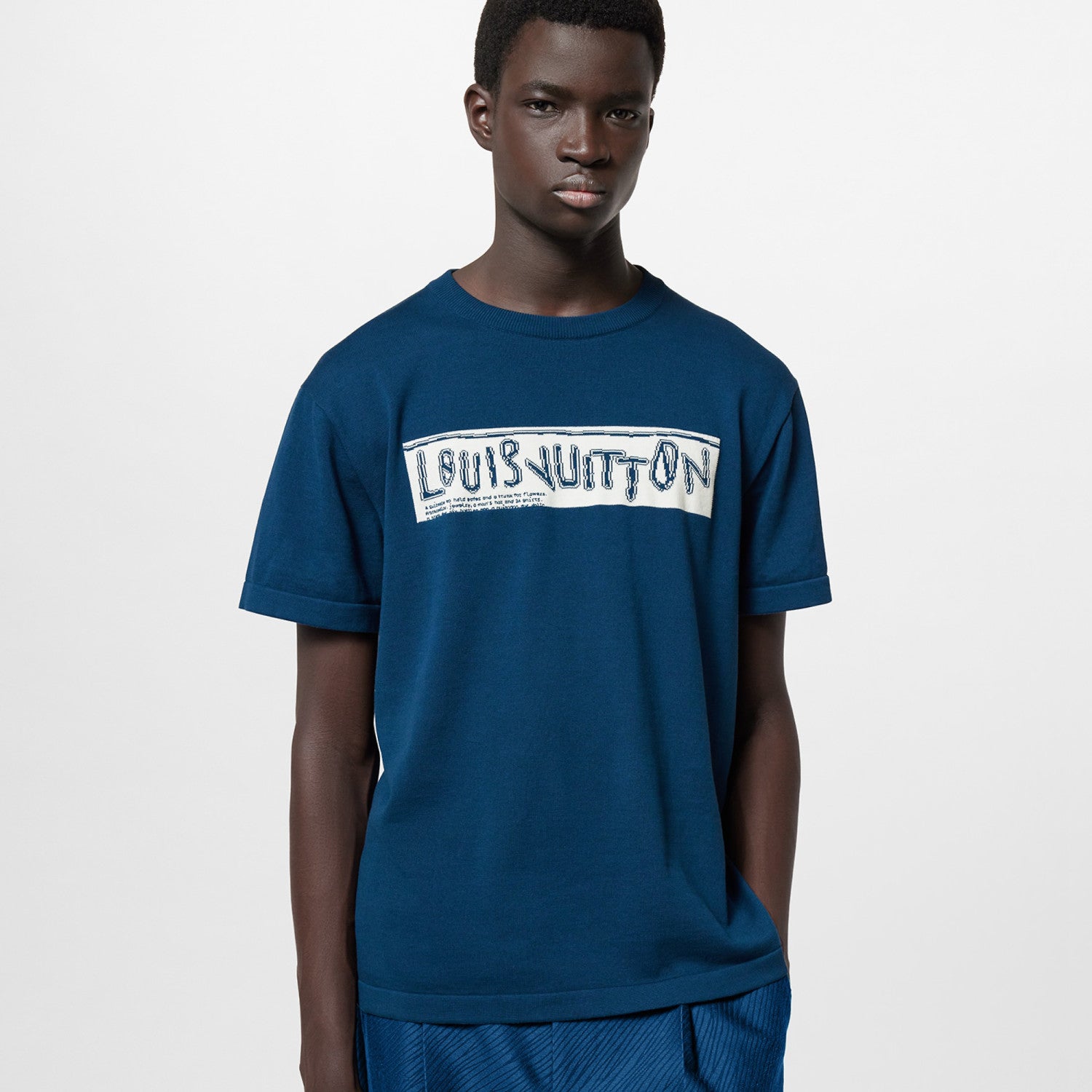 Louis Vuitton Men's Summer Blue Letter Printed Straight Round Neck Cotton Short Sleeve T-Shirt #76457