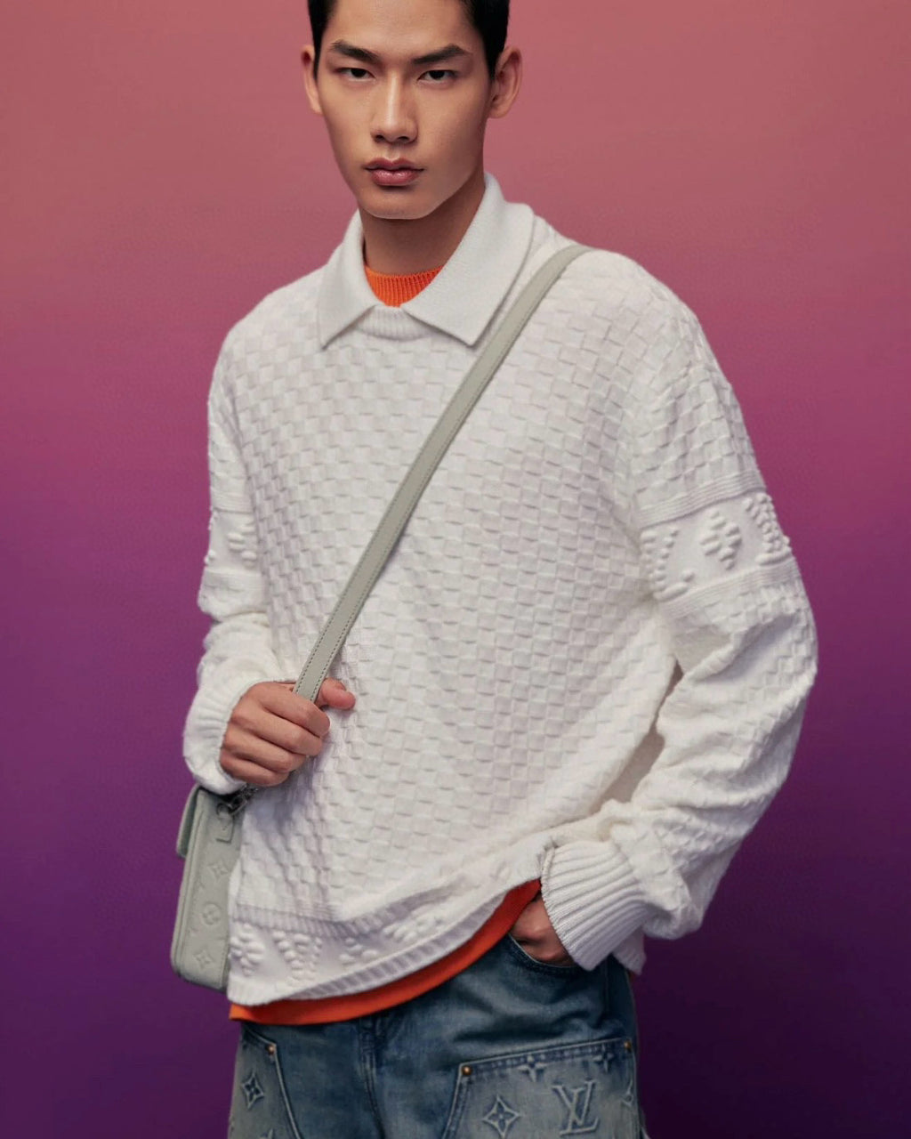 Louis Vuitton Men's Autumn/Winter White Lapel Knit Sweater LV Damier Wool Blend Pullover #97613