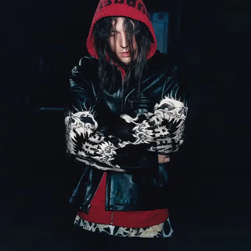Supreme x Y's by Yohji Yamamoto Men's and Women's FW25 WEEK3 Leather Fitted Casual Jacket With Printed Sleeves And Zip Closure #332325