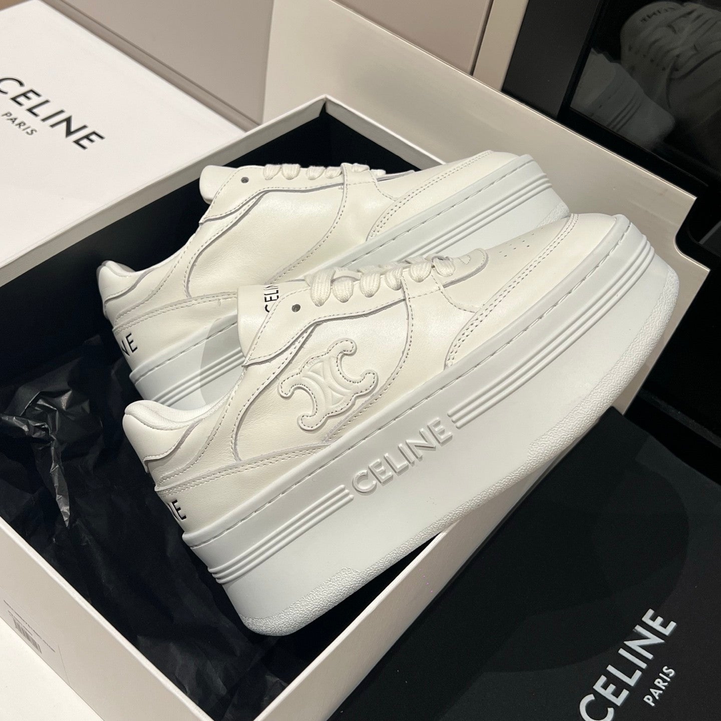Celine Block Sneakers With Wedge Outsole in Calfskin Optic White #378714