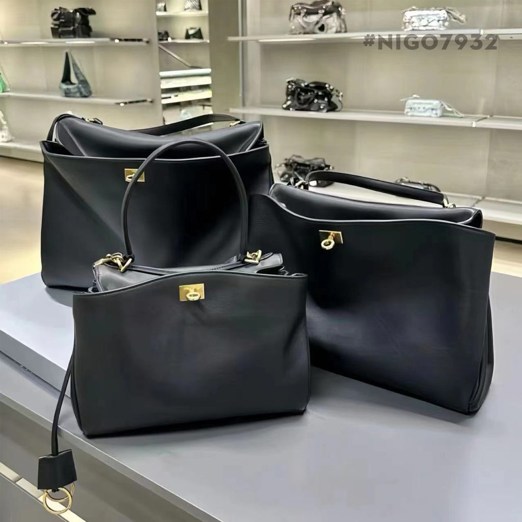 Balenciaga Men's And Women's Black Large Capacity Tote Bag Handbag Casual Leather Gold And Silver Button Handbag Bags 7897442AA7B1000 Ngvp #7932
