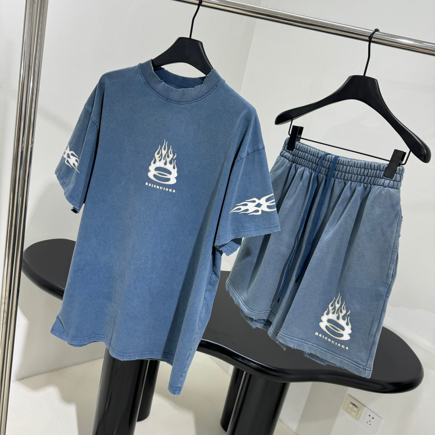 Balenciaga Men's Summer Burning Unity Light Vintage Plain Knit Large Silhouette Short Sleeve T-Shirt Stretch Mid Waist Cotton Shorts Pants Set Suit #99724