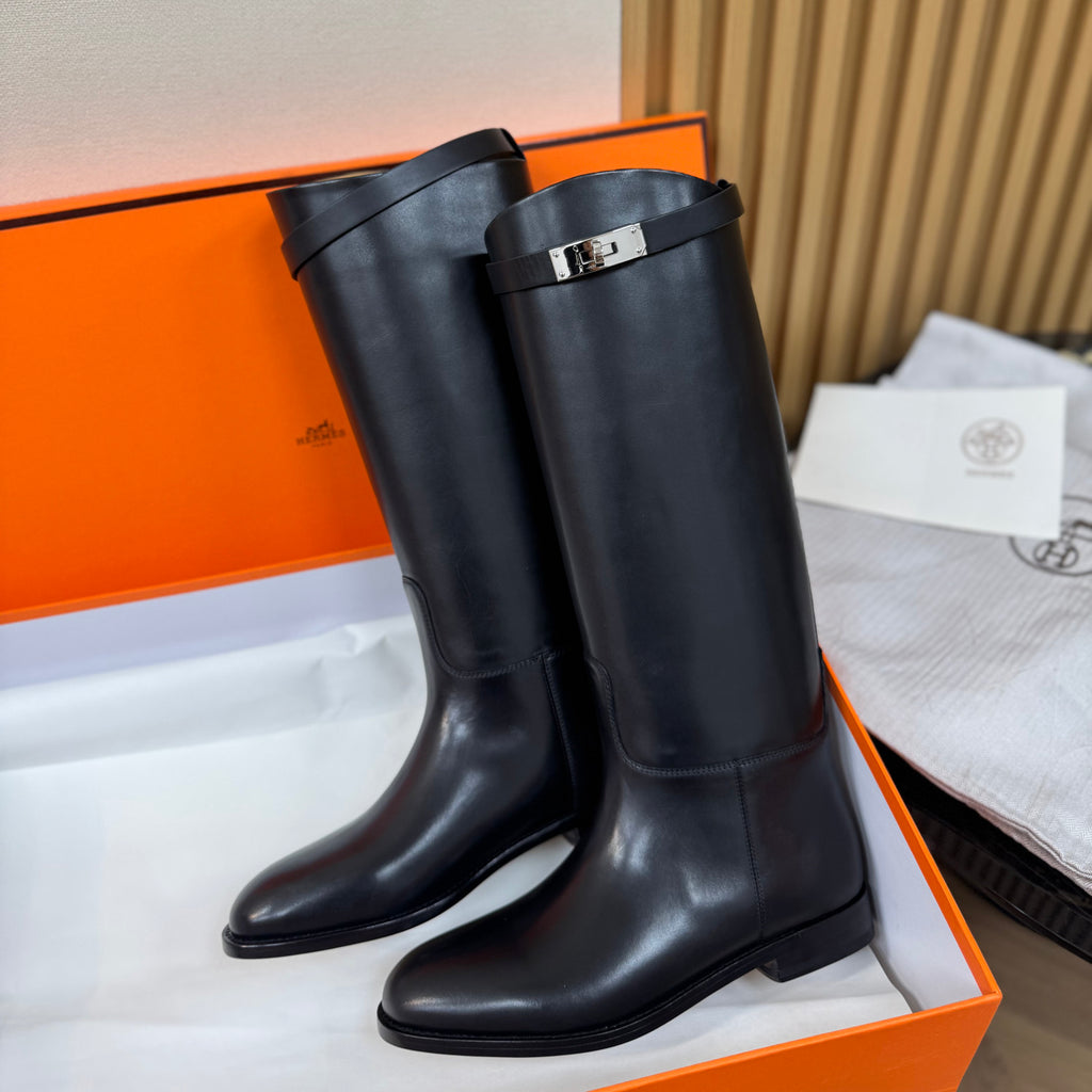 Hermes Jumping Women's Fall/Winter Fashion Classic Solid Color Round Toe Leather Kelly Buckle Classic Riding Boots Shoes #79333
