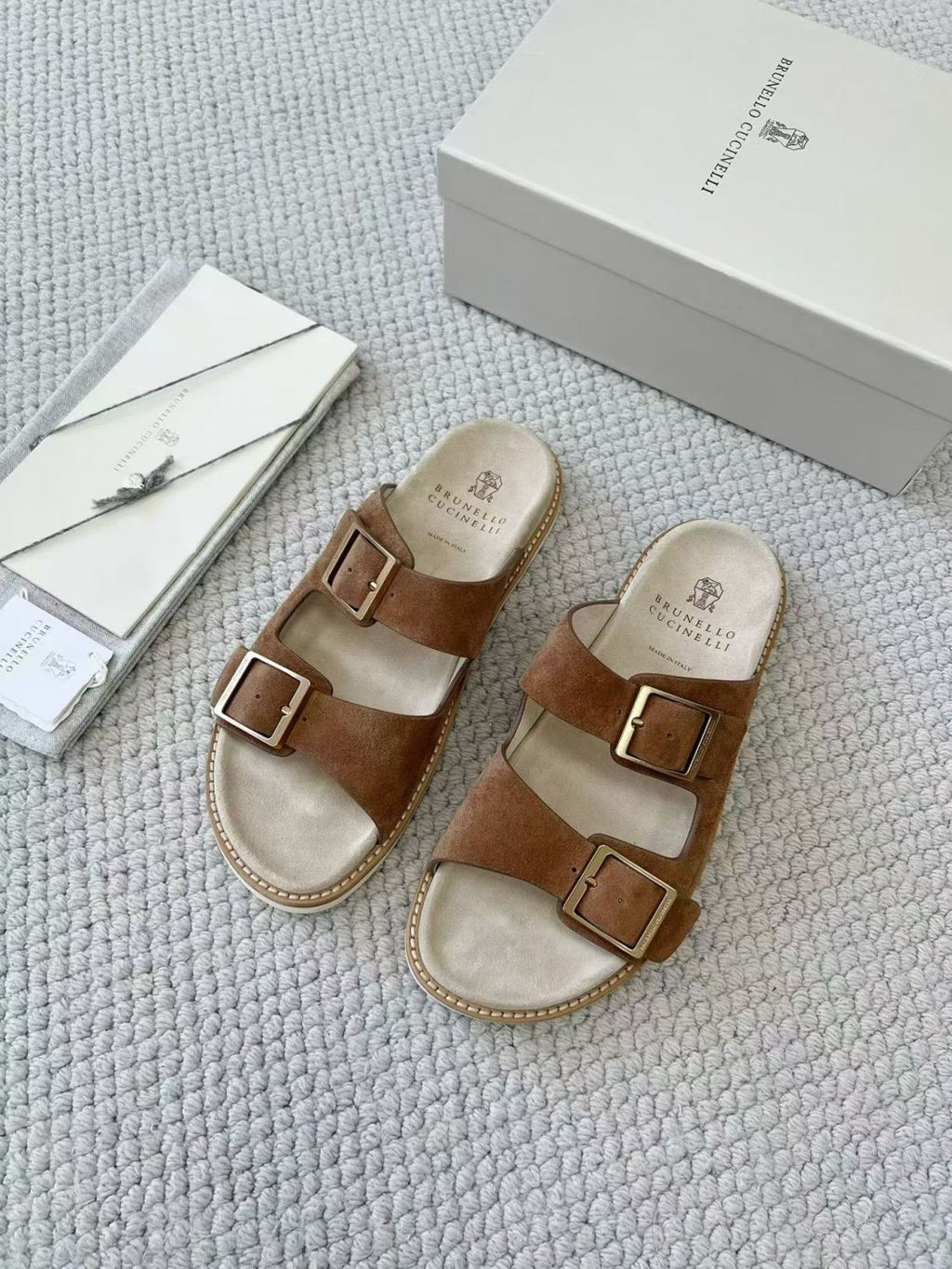 Brunello Cucinelli Suede slides with buckles for Man in Hazelnut