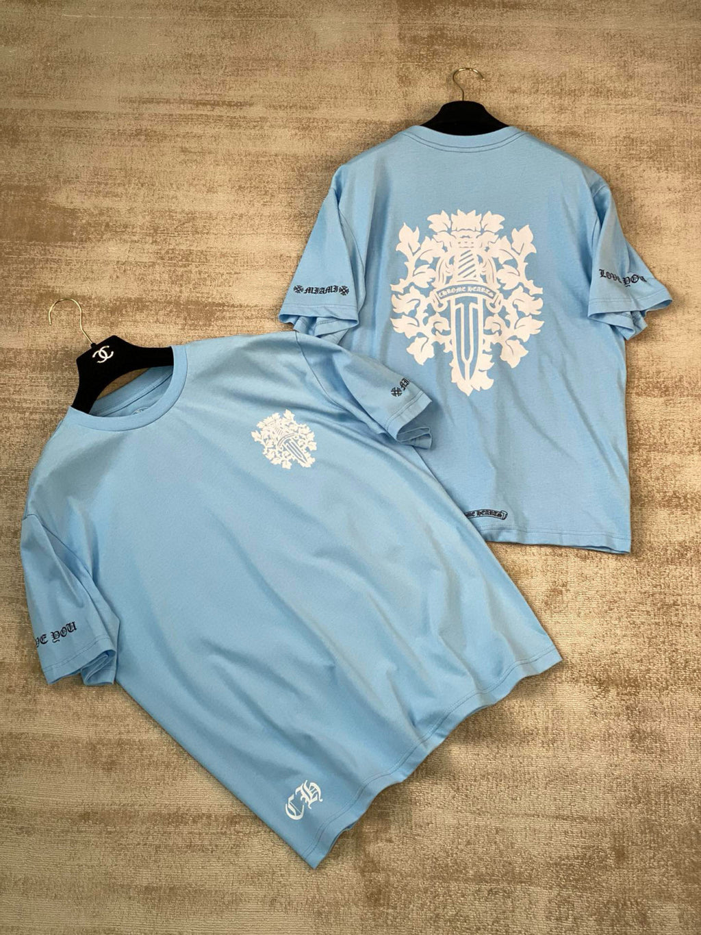Chrome Hearts Men's and Women's Summer Blue Cotton Round Neck Loose Fit Short Sleeve T-shirt #98569